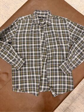 BOSS Men's Gray Plaid Button-Down Shirt with Yellow Accents